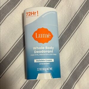 NEW Lume Whole Body Deodorant Solid Stick Unscented 2.2 oz Sealed